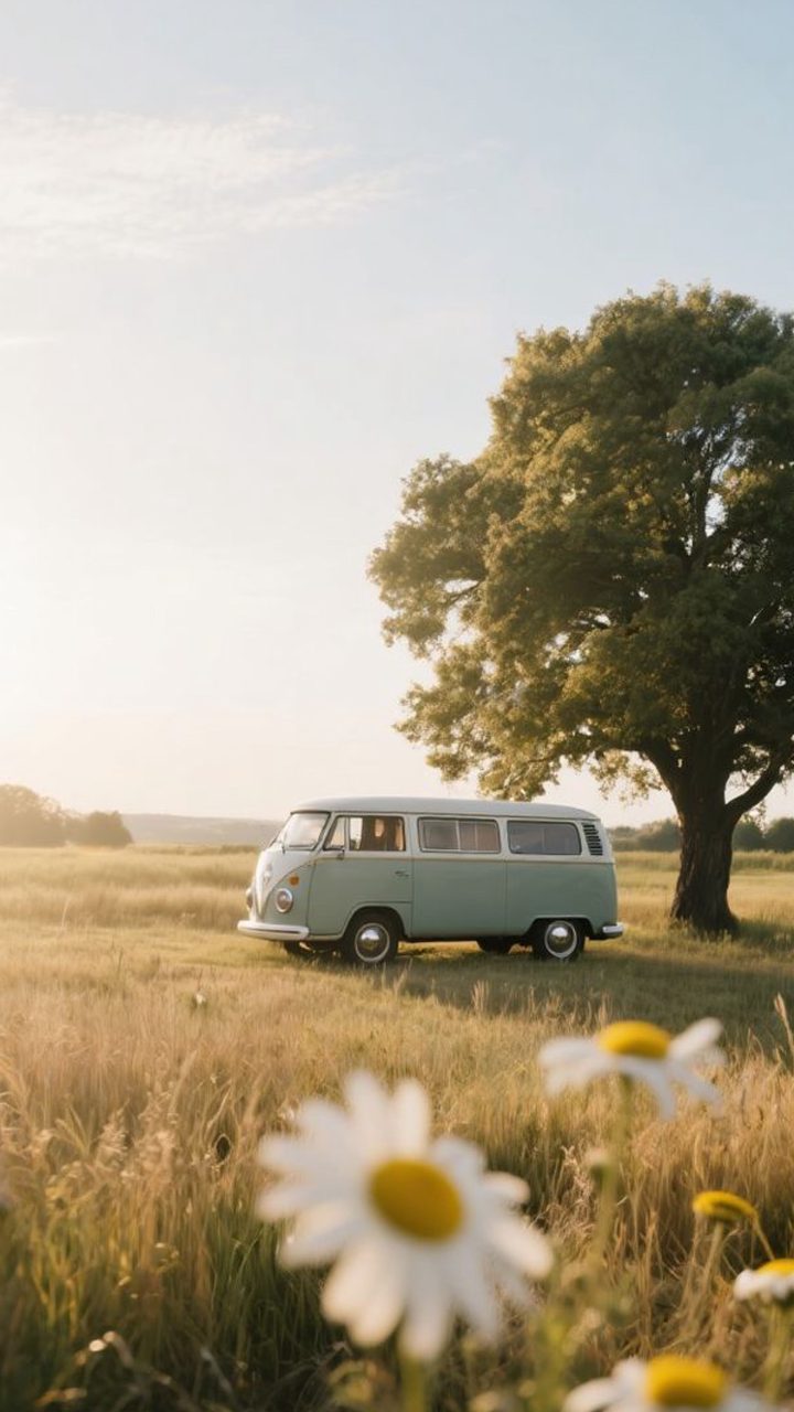 Daisy Meadow Camper wallpaper for iPhone and Android